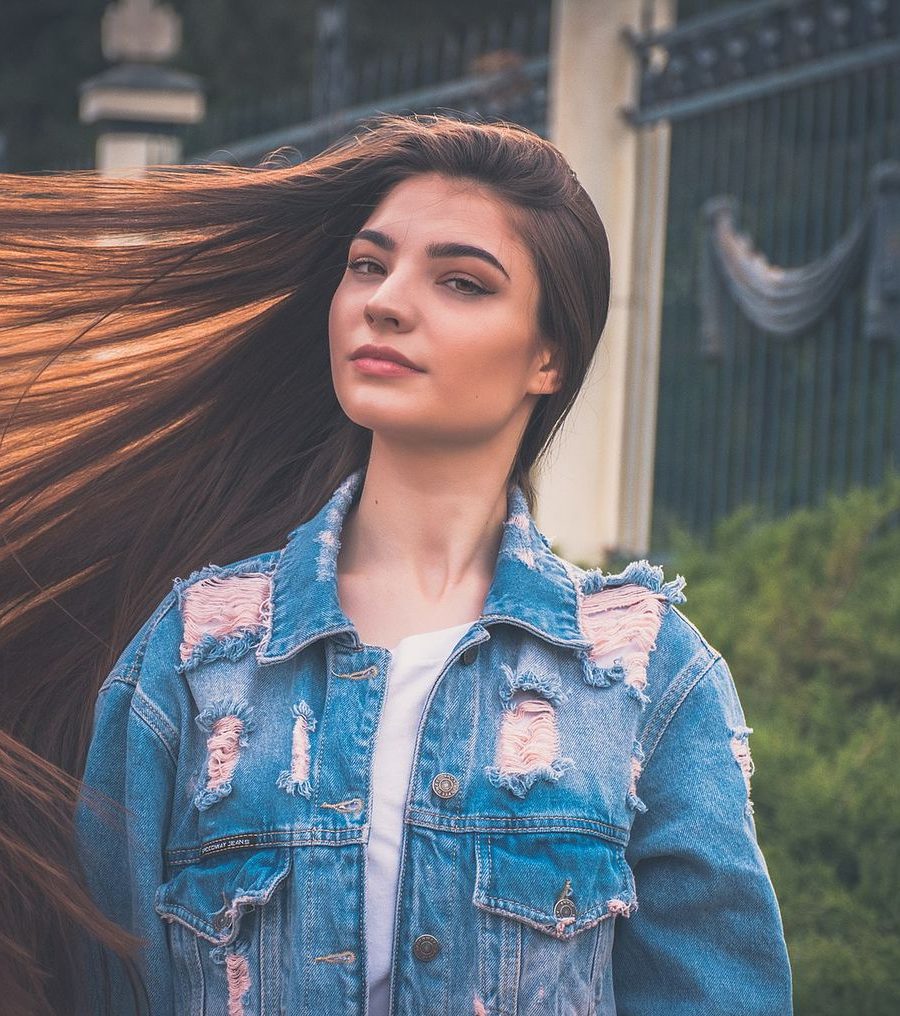 Long copper hair swinging in the air