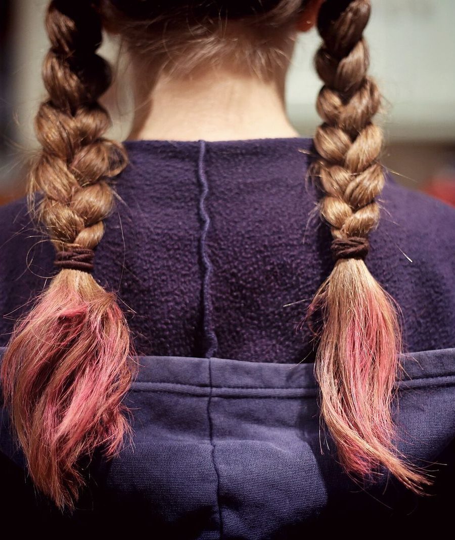 Two braids with rose-pink ends